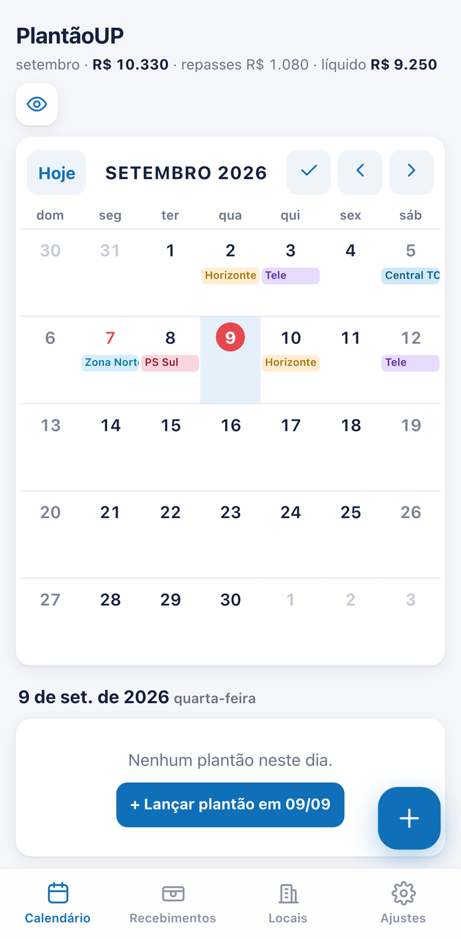 Calendário com os plantões do mês