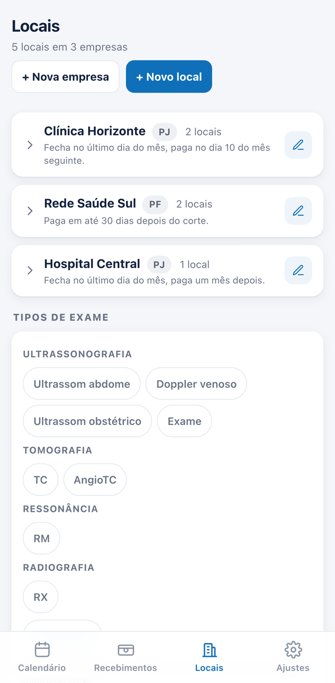 Cadastro de locais e tabelas de valores