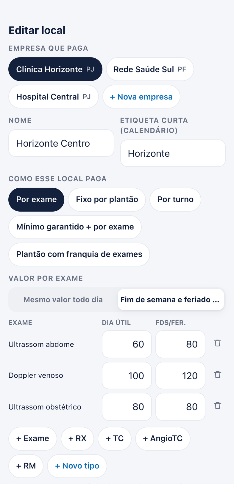 Tabela de valores de um local, com preço de dia útil e de fim de semana por exame